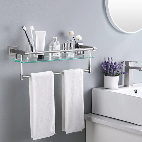 Rustproof Glass Bathroom Shelf With Towel Bar And Rail Heavy Duty SUS304 Stainless Steel Wall Mount In Brushed Finish