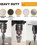 Jerax 1/4–1-3/8 in step drill bit, M2 HSS, installed in a drill chuck (three angles)