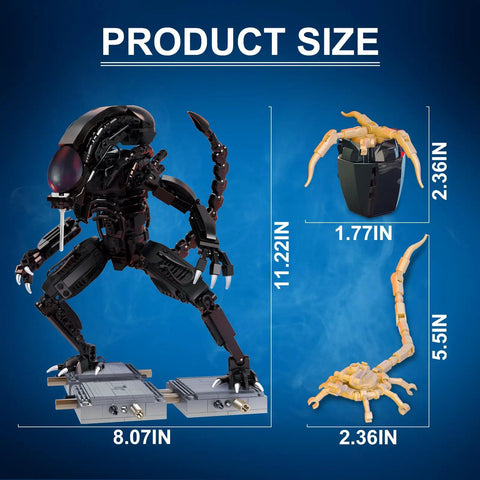 Xenomorph Action Figure Building Set With 616 Pieces, Lego Size Compatible Halloween Model, Great For Collectors And Family Fun, Step By Step Instructions For Easy Assembly And Creative Play. Product size chart shows assembled model and parts.