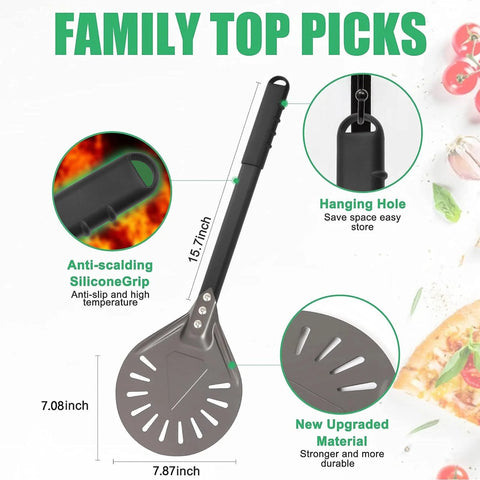 Front view of Newmeto 7-inch round aluminum perforated pizza turning peel with metal handle and hanging hole