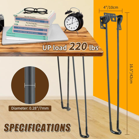 Heavy Duty Foldable Hairpin Table Legs Four Pack Sixteen Point Five Inch Top Tier Solid Steel Furniture Base with dimensions and specs.