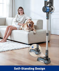 Cordless Vacuum Cleaner With 8 In 1 Versatility Lightweight Beast Mode Suction next to sofa and dog on hard floor