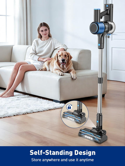 Cordless Vacuum Cleaner With 8 In 1 Versatility Lightweight Beast Mode Suction next to sofa and dog on hard floor