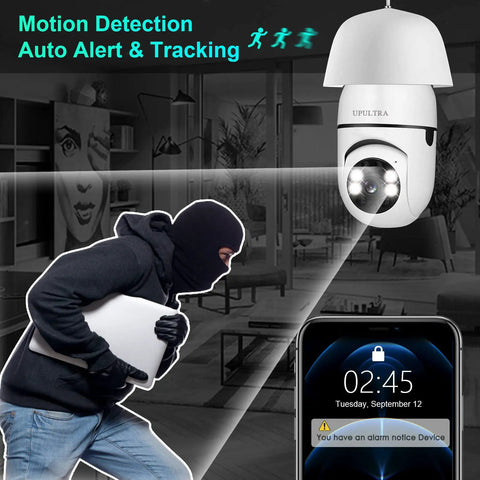 Wireless Security Camera 1080P With PTZ And 360 Degree Panoramic View No Fuss Setup, E27 Base tracking motion in room