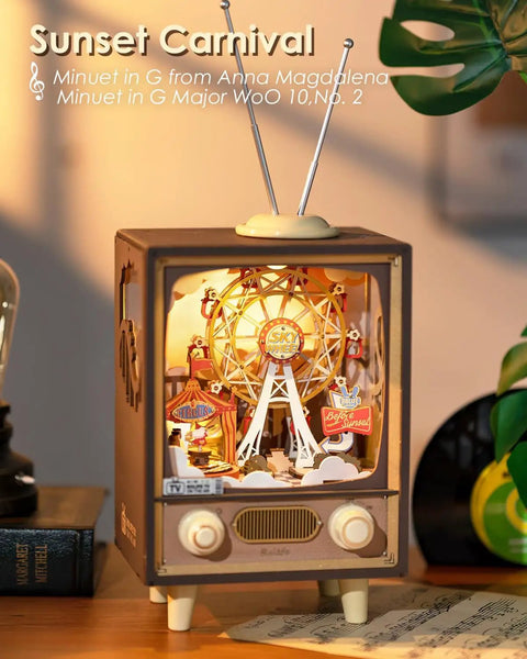 DIY Book Nook Puzzle Kit With 16 Inch Ferris Wheel Music Box, LED Lights, Sunset Carnival Scene, 3D Wooden Puzzle For Adults, Totally Artsy Craft Gift Set For Girls And Boys, Detailed Nighttime Display on desk