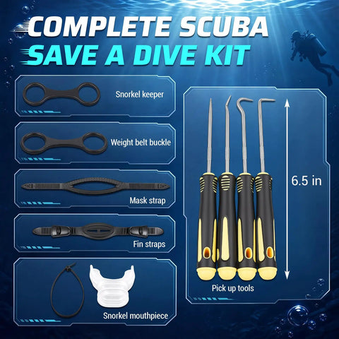 Save-A-Dive Kit For Scuba Gear Repair, showing 225 O-Rings, 4-Piece Hook And Pick Set, Mask Strap, Snorkel Keeper, and accessories.