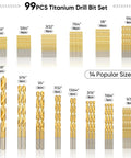 99-piece Titanium Coated Drill Bit Set, 14 sizes from 1/16 to 3/8 inch, HSS with 135 Degree Tips shown in organized layout