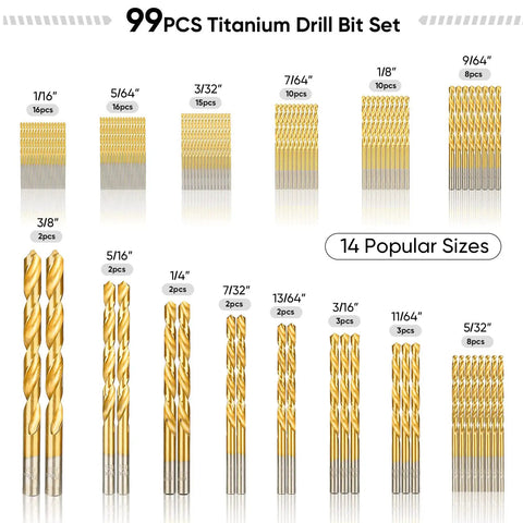 99-piece Titanium Coated Drill Bit Set, 14 sizes from 1/16 to 3/8 inch, HSS with 135 Degree Tips shown in organized layout