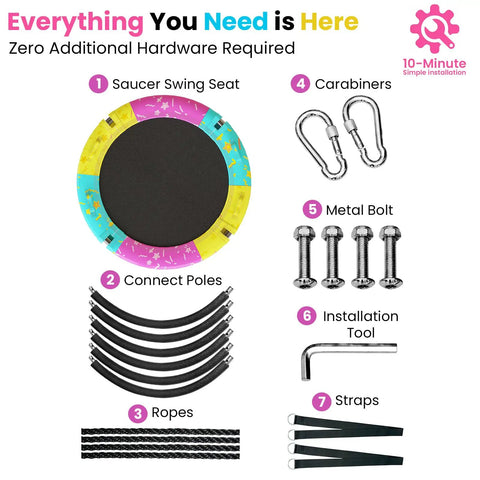 All Weather Saucer Swing For Kids And Grownups, 43 Or 48 Inch Backyard Or Playground Swing With Tree Hang Kit components