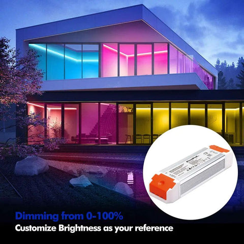 Versatile 24V 60W Dimmable LED Driver For LED Strip Lights With Universal Triac ELV MVL Dimming in front of a lit house