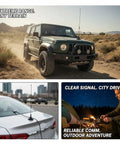 Dual Band VHF UHF Ham Radio Antenna with Magnetic Mount in rugged terrain and city drive setting with campfire scene