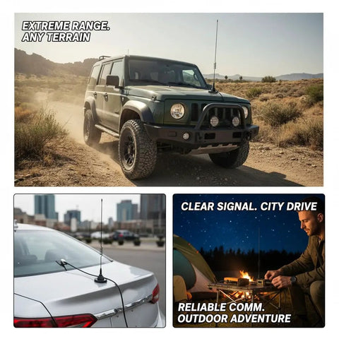 Dual Band VHF UHF Ham Radio Antenna with Magnetic Mount in rugged terrain and city drive setting with campfire scene