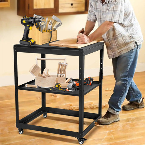Heavy Duty Rolling Tool Stand With Swivel Casters And Tough Melamine Wood Worktop for Miter Saws, featuring tools on a sturdy cart.