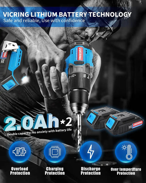 Brushless 20 Volt Cordless Hammer Drill Set With Two Batteries And Charger One Half Inch Drive Three Modes Hammer Drill