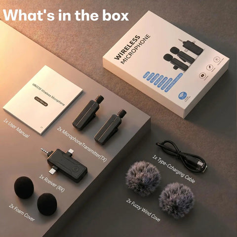 Box contents of Wireless Mini Lavalier Lapel Microphone For iPhone And Android For Creators, 3 In 1 Receiver With USB C Lightning.