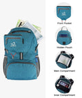 Ultra Lightweight 20L Packable Daypack For Travel, Hiking And Camping, Foldable And Compact, showing front pocket and compartments.