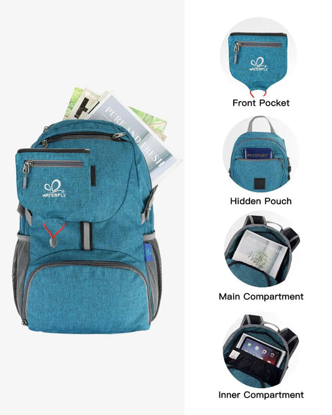 Ultra Lightweight 20L Packable Daypack For Travel, Hiking And Camping, Foldable And Compact, showing front pocket and compartments.