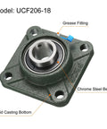 Uxcell UCF206-18 pillow block bearing, green cast-iron housing, chrome steel bearing, 1-1/8 in bore, front view