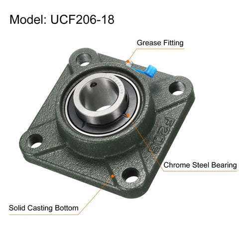 Uxcell UCF206-18 pillow block bearing, green cast-iron housing, chrome steel bearing, 1-1/8 in bore, front view