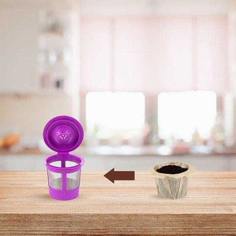Brown Unbleached Coffee Filters For Reusable Single Serve Pods Natural Paper That Keeps Grounds Out For A Clean Smooth Brew Fits Keurig 1.0 2.0 And K Cup Pods Disposable 300 Count displayed next to reusable pod