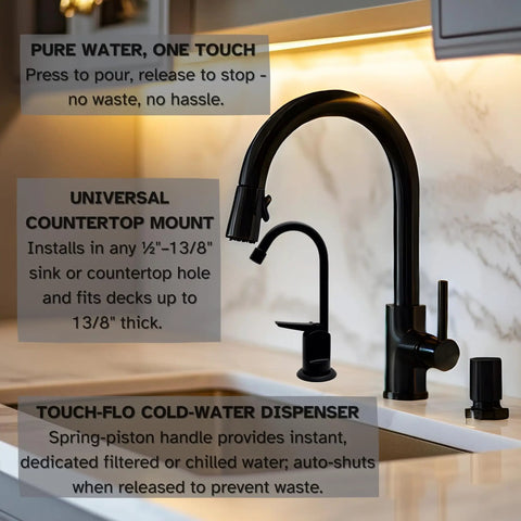 6 Inch Touch-Flo Cold Water Dispenser Faucet With Matte Black Finish installed in a modern kitchen sink