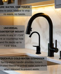 Matte black Touch Flo Style Cold Water Dispenser Faucet Kit with under sink filter, installed in a modern kitchen countertop.