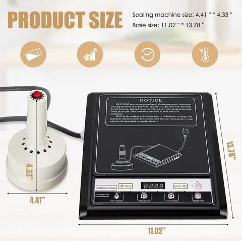 Heavy Duty Handheld Induction Sealer For Bottle Caps 20 To 100 Mm, 800W To 1200W with product dimensions shown on base unit