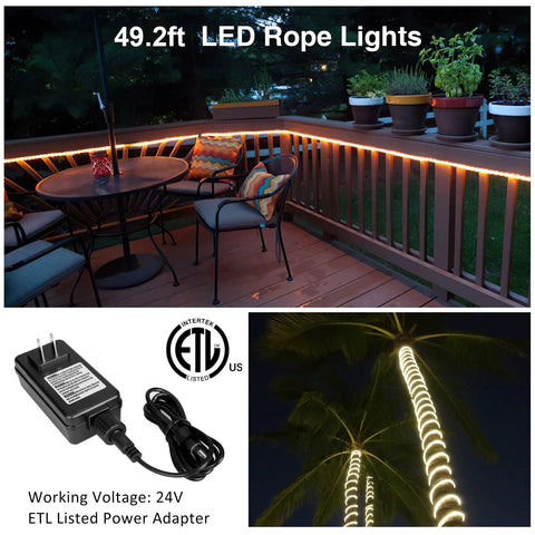 49.2ft Smart LED Outdoor Rope Light With Music Sync RGB on patio railing, creating ambient lighting, weatherproof kit shown on palm trees.