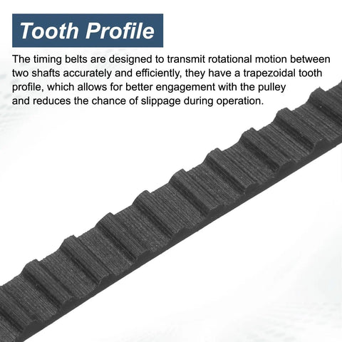 90XL timing belt tooth profile, showcasing trapezoidal design for 4 Pack 90XL Timing Belt 0.25 Inch Width 0.20 Inch Pitch 45 Teeth Rubber Cogged Belt With Fiberglass Cords For Beefy Power Transmission And Reliable Machine Replacement.