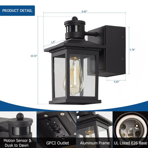 Motion Sensor Outdoor Porch Light With GFCI Outlet Built In Black Exterior Wall Lantern Dusk To Dawn Sconce Lighting Fixture