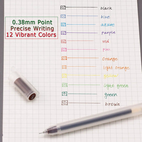 Ultra Fine Point 0.38mm Gel Pens Set, 12 dope colors on grid paper with pen and ink cap visible for note taking and planning.