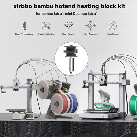 A1 Mini and A1 Hotend Print Head Kit With 0.2mm 0.4mm 0.6mm Nozzles showcased next to Bambu Lab 3D Printer and filament spools.