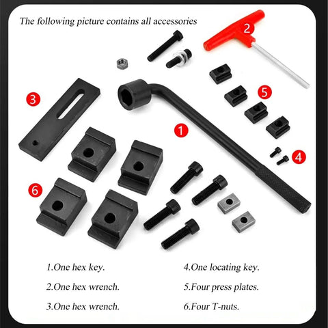 Accessories for Heavy Duty Six Inch Bench Vise including hex keys, wrenches, bolts, T-nuts, and press plates.