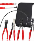 Six Piece Hose Clamp Pliers Set With 27 Inch Long Reach For Deep Engine Bay Access Flat Band Clic R Type Pliers And Radiator Hose Remover For Cars Trucks And SUVs Includes Durable Storage Bag displayed with red handles and black storage bag.