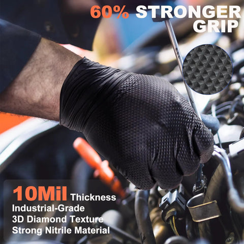 Black nitrile disposable gloves with diamond texture; 10mil thick, large size