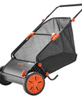 Heavy Duty Push Lawn Sweeper With 30 Inch Wide Broom And 12 Cubic Foot Hopper Bag For No Sweat Grass And Leaf Pickup Across Big Lawns Patios Sidewalks And Driveways at an angle showing large collection bag.