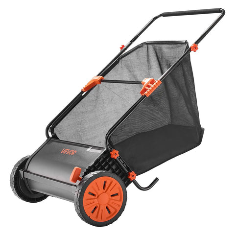 Heavy Duty Push Lawn Sweeper With 30 Inch Wide Broom And 12 Cubic Foot Hopper Bag For No Sweat Grass And Leaf Pickup Across Big Lawns Patios Sidewalks And Driveways at an angle showing large collection bag.