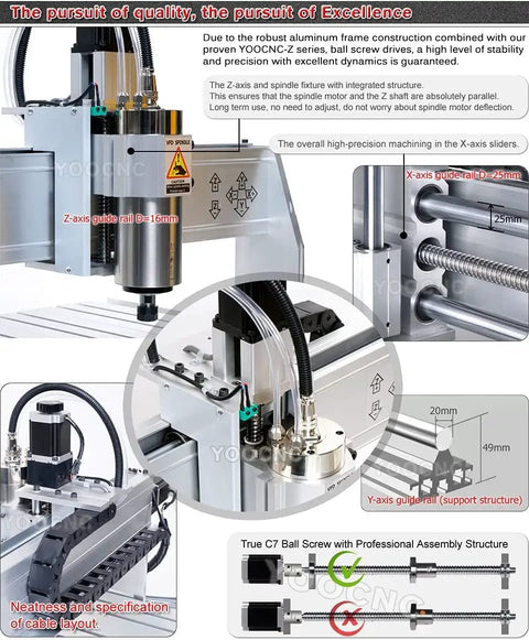 Close-up of the Desktop CNC Engraving Milling And Drilling Machine 8060 2200W showing Z-axis guide rail and ball screw details.