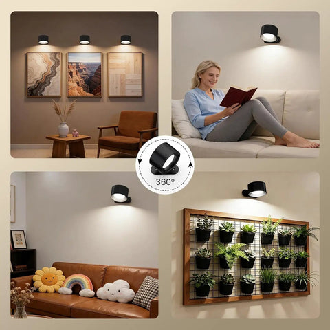 Fuligent 2 Pack LED Wall Sconces, Battery Operated Wall Lights for Bedroom Bedside, Cordless Sconces with Remote & Touch Control, 360° Magnetic Rotation & Rechargeable, 3 Color Modes Dimmable (Black) in a living room setting.