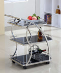 Sturdy Kick Back Kitchen Wine Storage Cart With Heavy Duty Smooth Roll Swivel Casters And Adjustable Leveling Feet Multi Tier Glass Serving Trolley For Party Prep Days with black glass shelves and silver frame