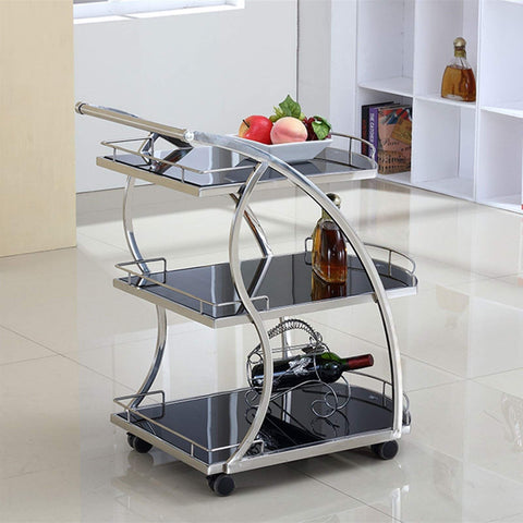 Sturdy Kick Back Kitchen Wine Storage Cart With Heavy Duty Smooth Roll Swivel Casters And Adjustable Leveling Feet Multi Tier Glass Serving Trolley For Party Prep Days with black glass shelves and silver frame