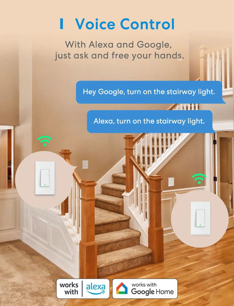 Image of Four Pack 3 Way Smart Light Switch near staircase, compatible with Apple HomeKit Siri Alexa Google Assistant SmartThings.