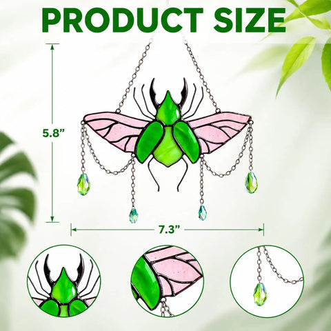 Stag Beetle Stained Glass Kit For Beginners With Pre Cut Pieces, showing 5.8x7.3 inch size suncatcher with green and pink glass details.