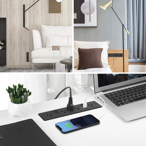 Flat Plug Recessed Power Strip with 5 AC Outlets and 6 USB Ports in modern home and office setups