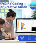 Child learning Arduino coding with adult guidance on computer for IoT Smart Home Starter Kit For Arduino IDE Hands On STEM Project