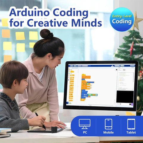 Child learning Arduino coding with adult guidance on computer for IoT Smart Home Starter Kit For Arduino IDE Hands On STEM Project