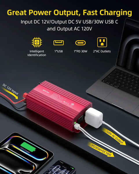 500W Pure Sine Wave Power Inverter With PD30W And QC18W Power Up 12V DC To 110V AC for laptops and outdoor power