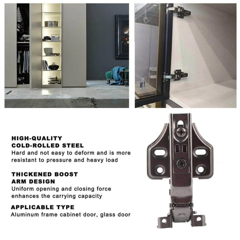 Soft Close Hydraulic Cabinet Hinge With Adjustable Base No Slam Quiet Opening Black Brushed Aluminum Frame Made From Cold Rolled Steel Fits 19-24mm Cabinet Width And 14-21mm Thickness Includes Mounting Screws shown installed in cabinet.