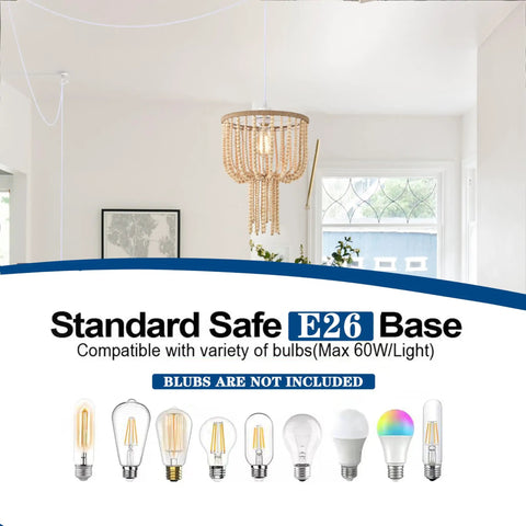 16 Inch Modern Drum Pendant Light With Fabric Shade Rustic Hanging Drum Chandelier Boho Style Plug In Fixture Handmade Wood Bead Accents Creates Cozy Ambient Vibe Shadows For Dining Room Living Room Kitchen And Bedroom in room with E26 base bulbs.