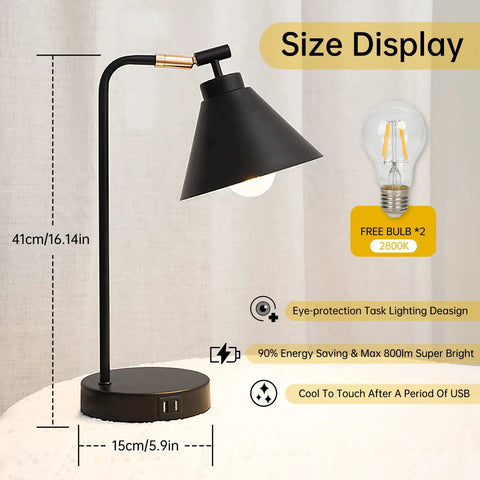 Sleek Black Dimmable Nightstand Lamp With USB Ports And AC Outlet, showcasing its dimensions and E26 bulb inclusion.
